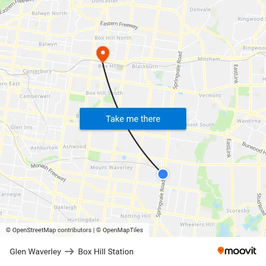 Glen Waverley to Box Hill Station map