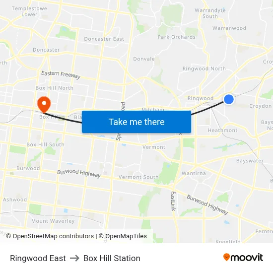 Ringwood East to Box Hill Station map
