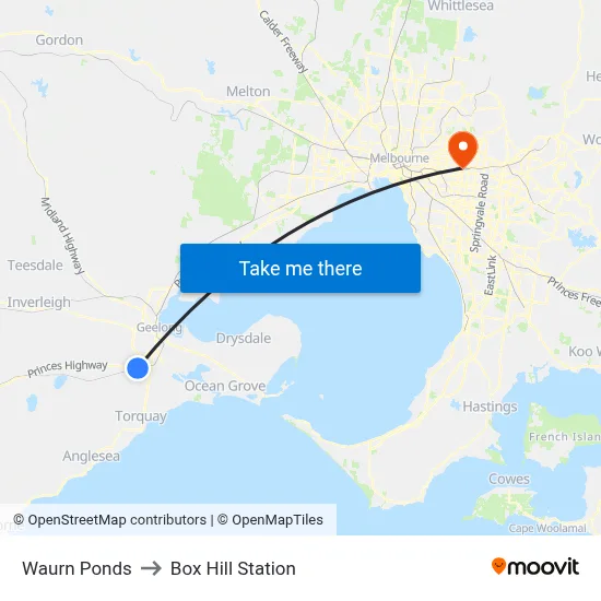 Waurn Ponds to Box Hill Station map