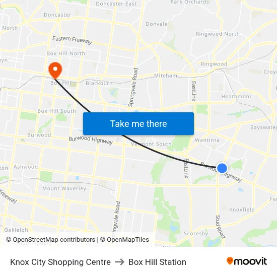 Knox City Shopping Centre to Box Hill Station map