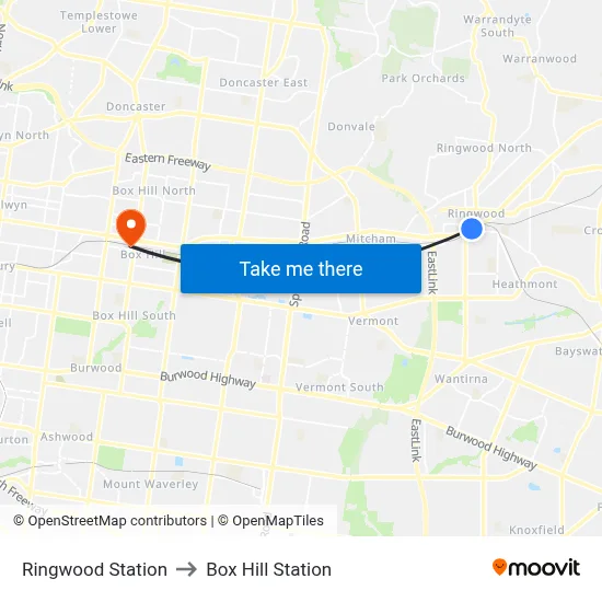 Ringwood Station to Box Hill Station map