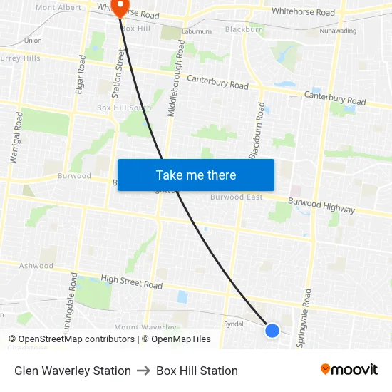 Glen Waverley Station to Box Hill Station map