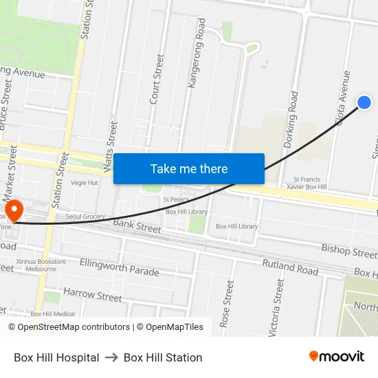 Box Hill Hospital to Box Hill Station map