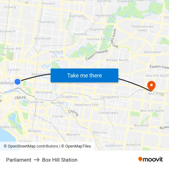 Parliament to Box Hill Station map