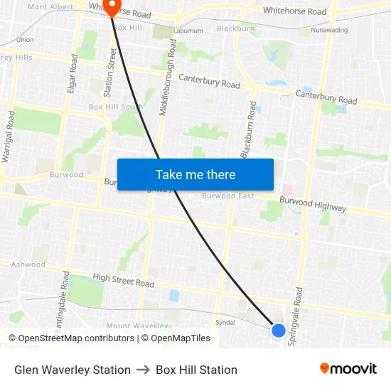 Glen Waverley Bus Interchange to Box Hill Station map