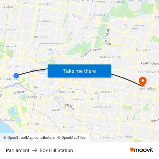 Parliament to Box Hill Station map