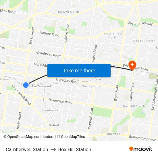Camberwell Station to Box Hill Station map