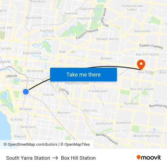 South Yarra Station to Box Hill Station map