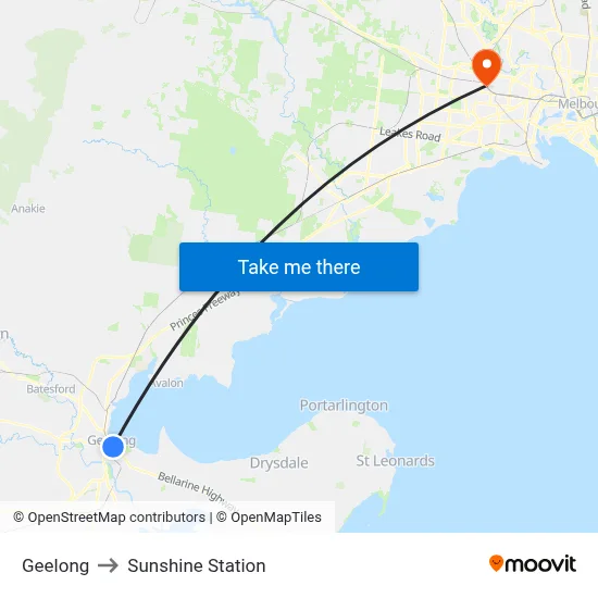 Geelong to Sunshine Station map
