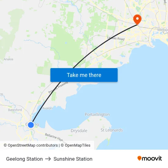 Geelong Station to Sunshine Station map