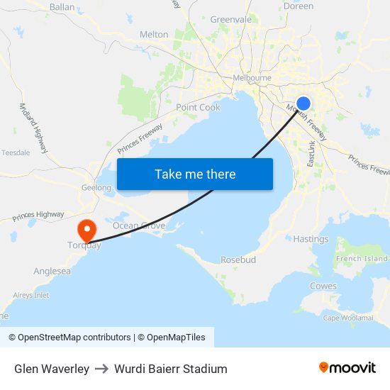 Glen Waverley to Wurdi Baierr Stadium map