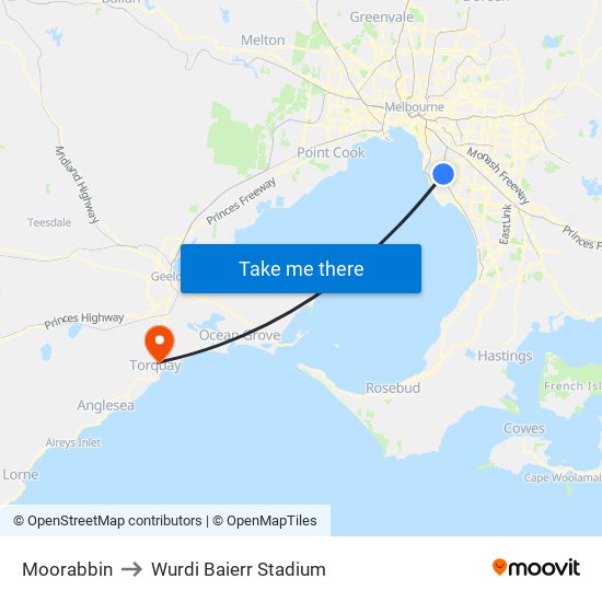 Moorabbin to Wurdi Baierr Stadium map