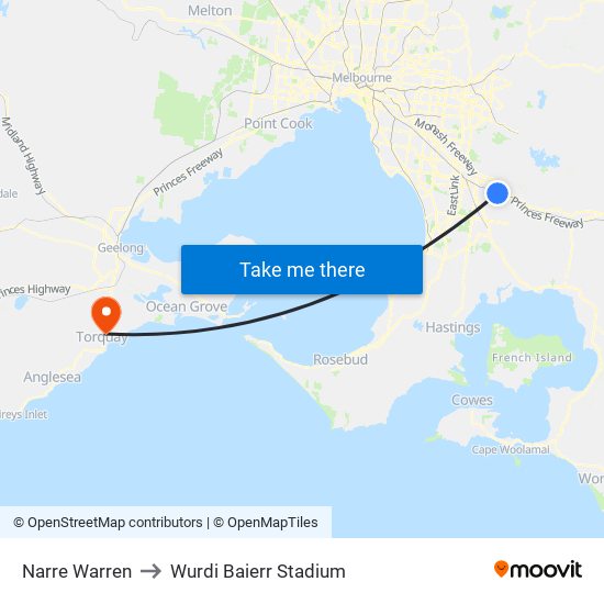 Narre Warren to Wurdi Baierr Stadium map
