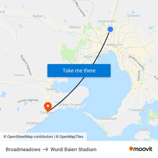 Broadmeadows to Wurdi Baierr Stadium map