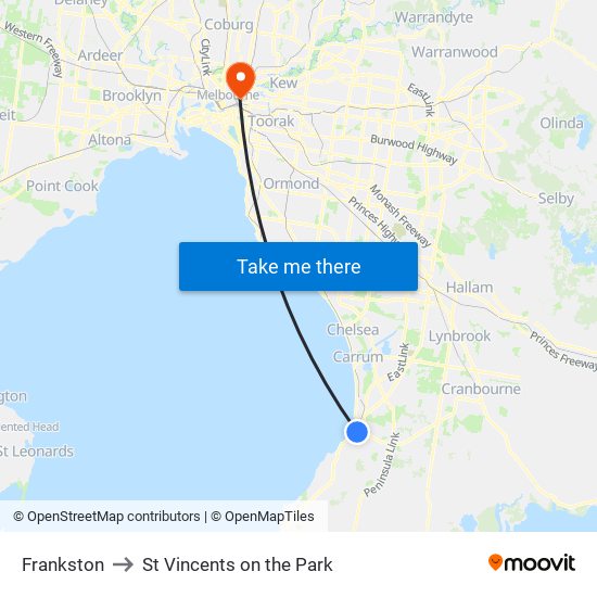 Frankston to St Vincents on the Park map