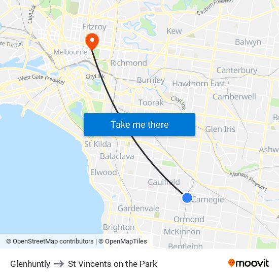 Glenhuntly to St Vincents on the Park map