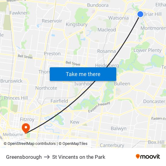 Greensborough to St Vincents on the Park map