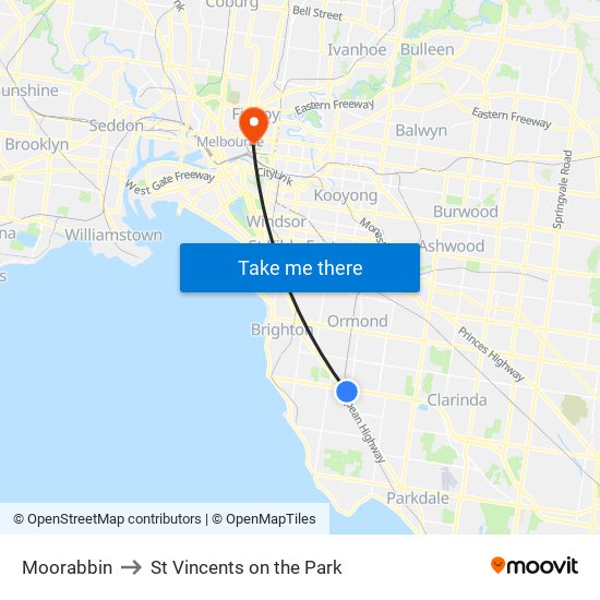 Moorabbin to St Vincents on the Park map