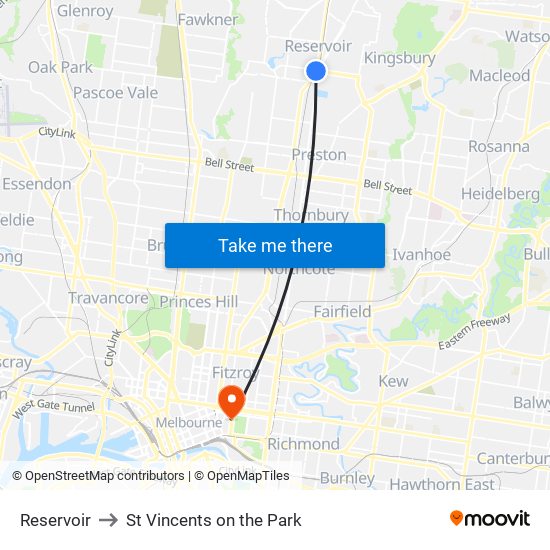 Reservoir to St Vincents on the Park map