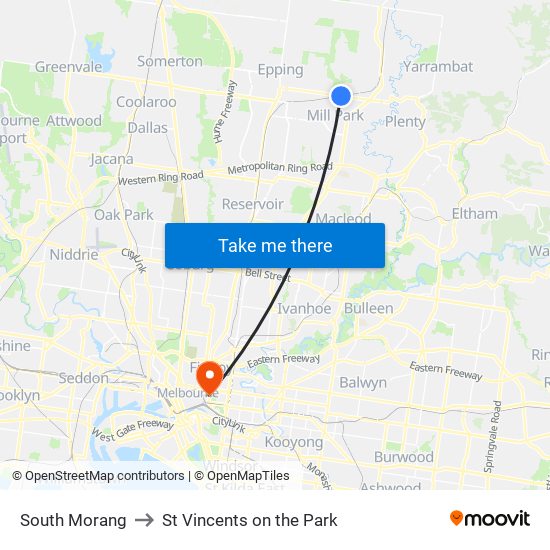 South Morang to St Vincents on the Park map