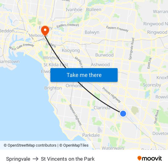 Springvale to St Vincents on the Park map