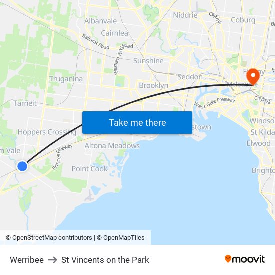 Werribee to St Vincents on the Park map