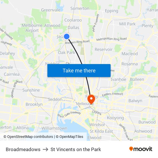 Broadmeadows to St Vincents on the Park map