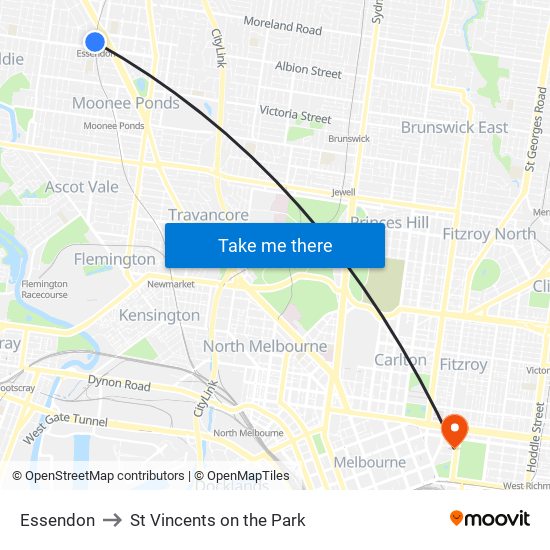 Essendon to St Vincents on the Park map