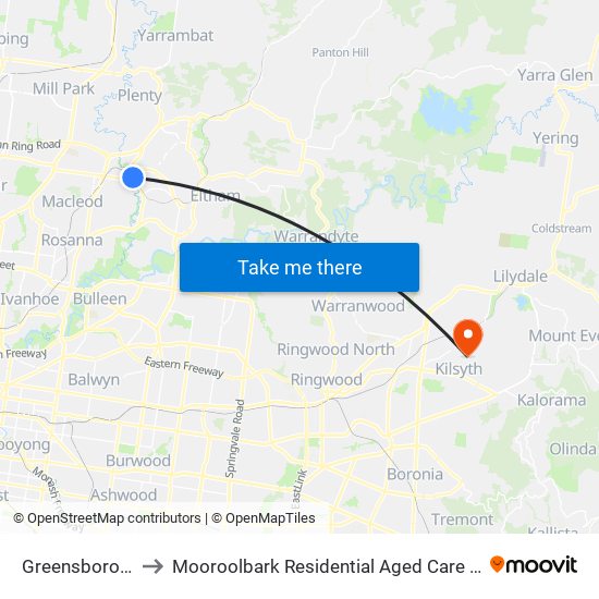 Greensborough to Mooroolbark Residential Aged Care Facility map