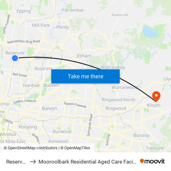 Reservoir to Mooroolbark Residential Aged Care Facility map