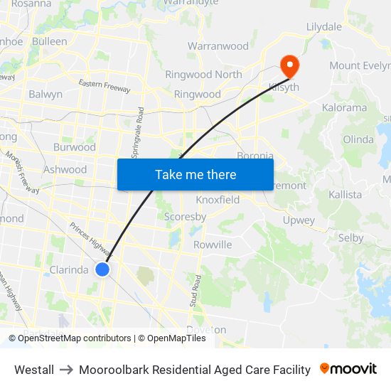 Westall to Mooroolbark Residential Aged Care Facility map