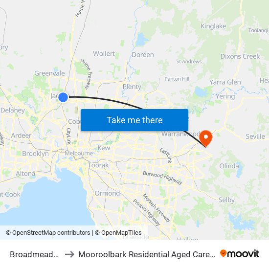 Broadmeadows to Mooroolbark Residential Aged Care Facility map