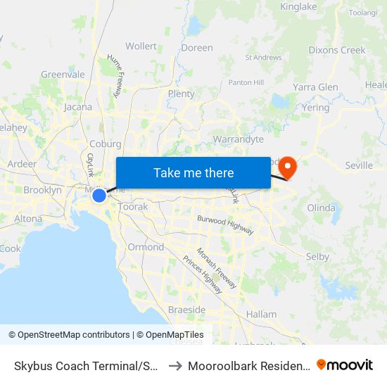 Skybus Coach Terminal/Spencer St (Melbourne City) to Mooroolbark Residential Aged Care Facility map