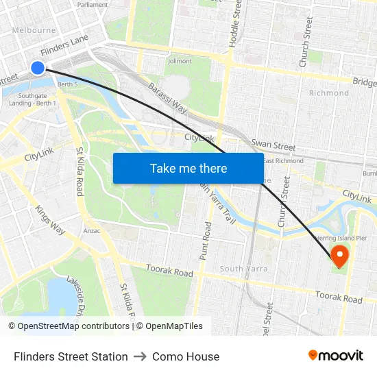Flinders Street Station to Como House map