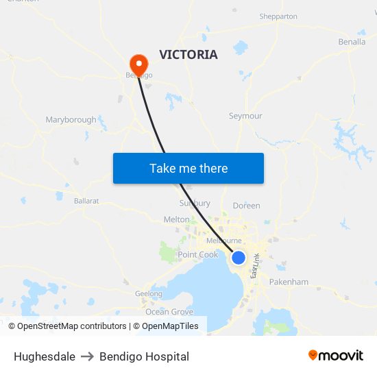 Hughesdale to Bendigo Hospital map