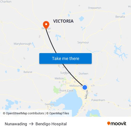 Nunawading to Bendigo Hospital map
