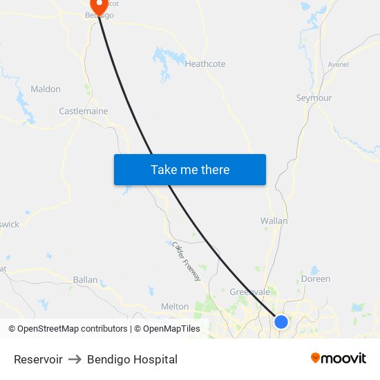 Reservoir to Bendigo Hospital map
