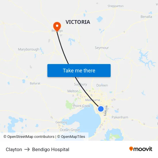 Clayton to Bendigo Hospital map