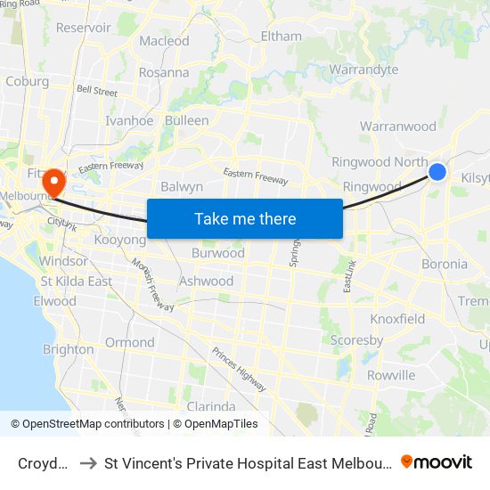 Croydon to St Vincent's Private Hospital East Melbourne map