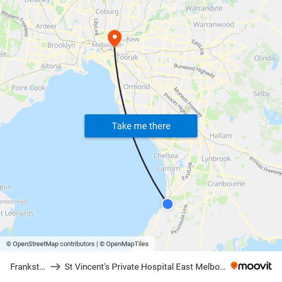 Frankston to St Vincent's Private Hospital East Melbourne map