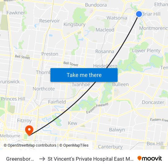 Greensborough to St Vincent's Private Hospital East Melbourne map
