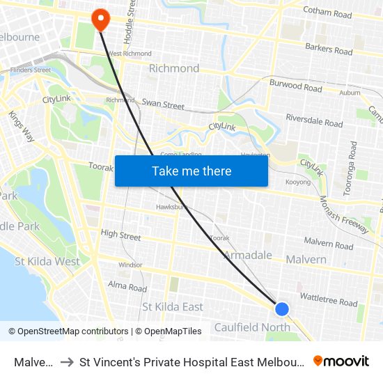 Malvern to St Vincent's Private Hospital East Melbourne map
