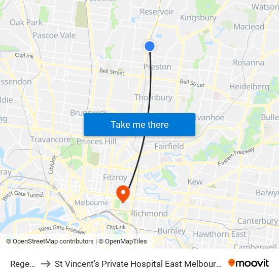 Regent to St Vincent's Private Hospital East Melbourne map