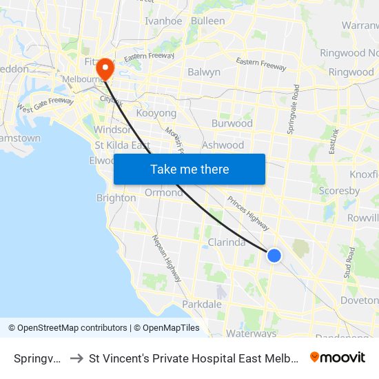 Springvale to St Vincent's Private Hospital East Melbourne map