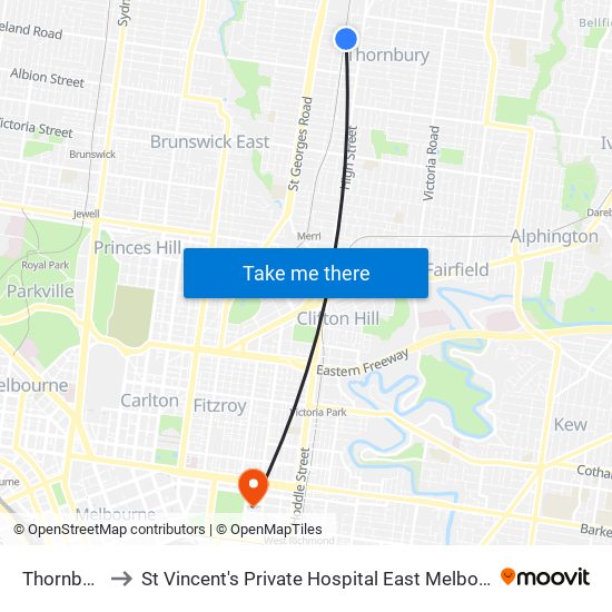 Thornbury to St Vincent's Private Hospital East Melbourne map
