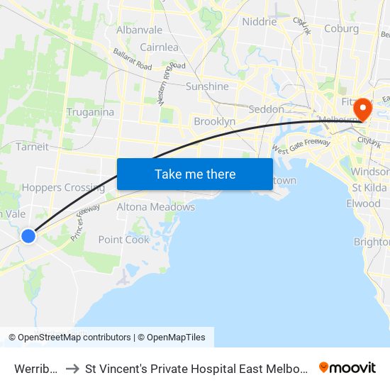 Werribee to St Vincent's Private Hospital East Melbourne map