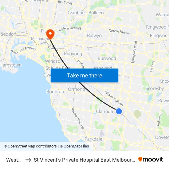 Westall to St Vincent's Private Hospital East Melbourne map