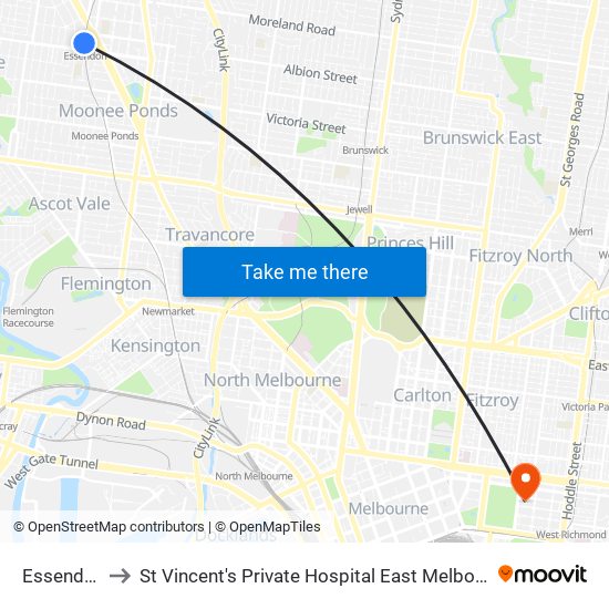 Essendon to St Vincent's Private Hospital East Melbourne map