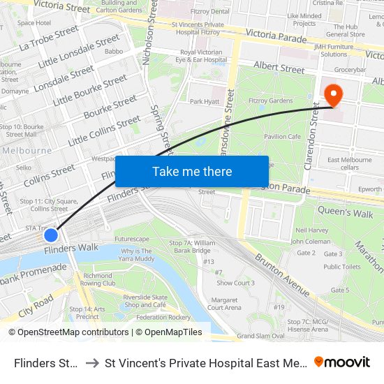 Flinders Street to St Vincent's Private Hospital East Melbourne map
