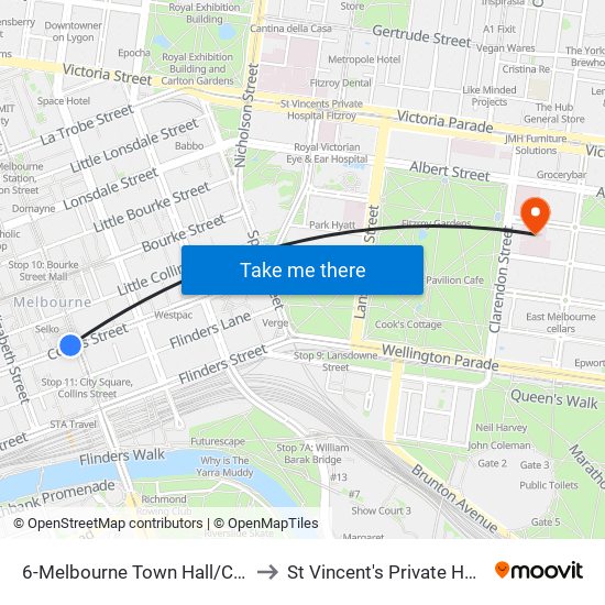 6-Melbourne Town Hall/Collins St (Melbourne City) to St Vincent's Private Hospital East Melbourne map